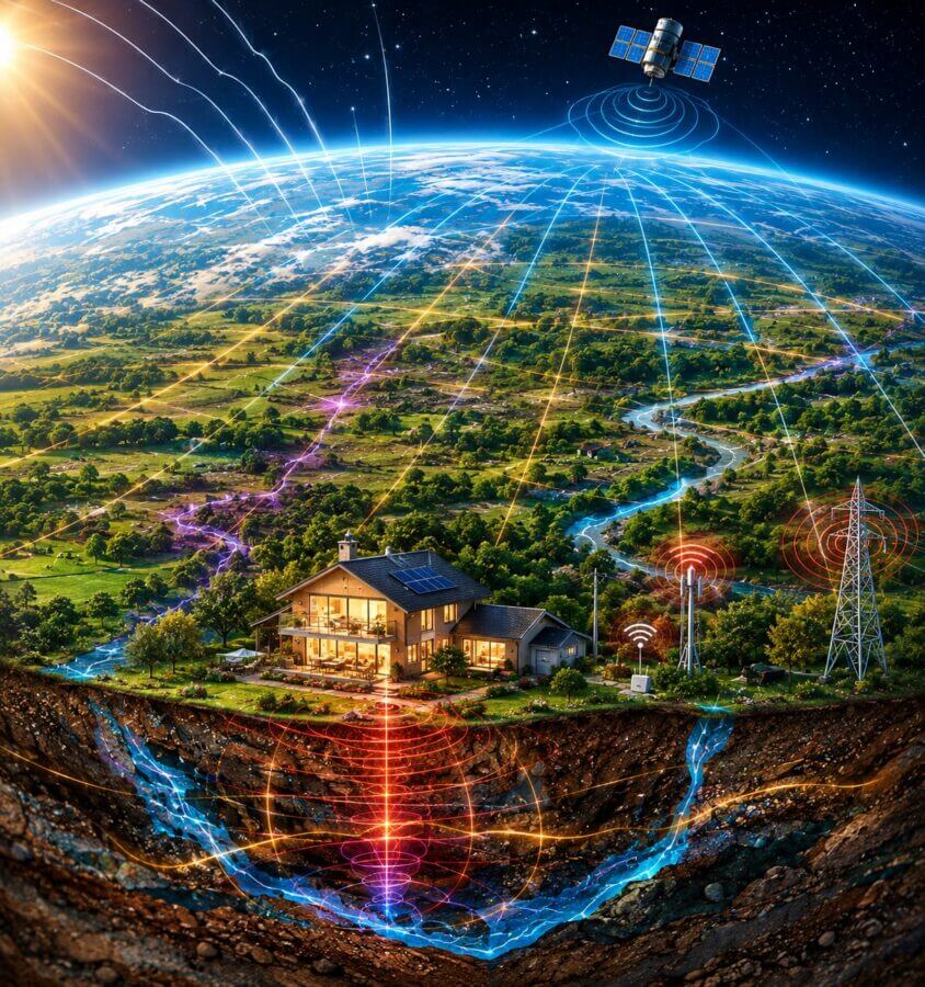 Maison exposée à différentes perturbations naturelles et artificielles, qu’elles soient sous terre, à la surface ou dans le ciel.