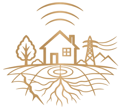 Illustration symbolique de la géobiologie avec une maison entourée notamment d’un pylône électrique, d’ondes électromagnétiques, de failles géologiques et de réseaux telluriques.