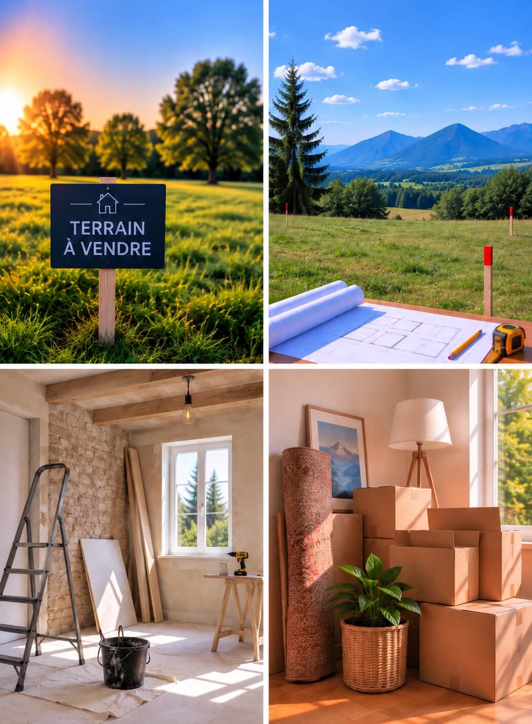 Montage de quatre photos symbolisant quatre projets différents : terrain à acheter, terrain à bâtir, rénovation et déménagement.