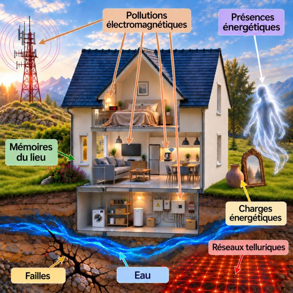 Schéma descriptif centré sur un habitat ouvert et qui est exposé à différentes sources de perturbations telles que des pollutions électromagnétiques, des présences énergétiques, des charges énergétiques, des mémoires du lieu, des réseaux telluriques, de l’eau souterraine et des failles géologiques.