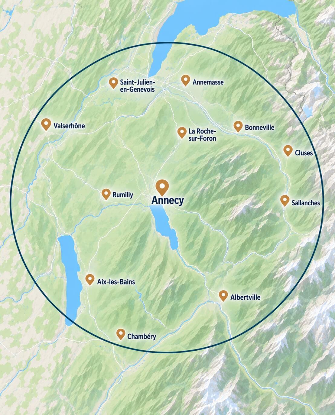 Carte de la zone d’intervention de l’entreprise Les sources d’Amandine, définie dans un rayon de 50 kilomètres autour d’Annecy.